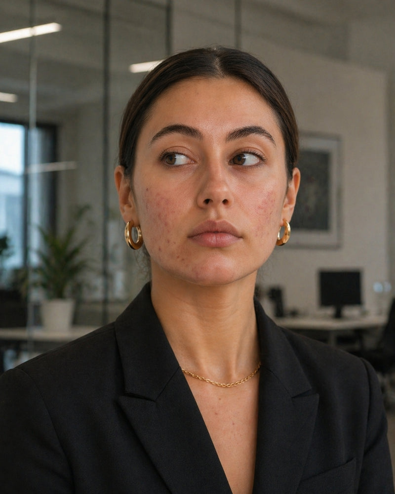 Donna adulta con acne · ritratto editoriale